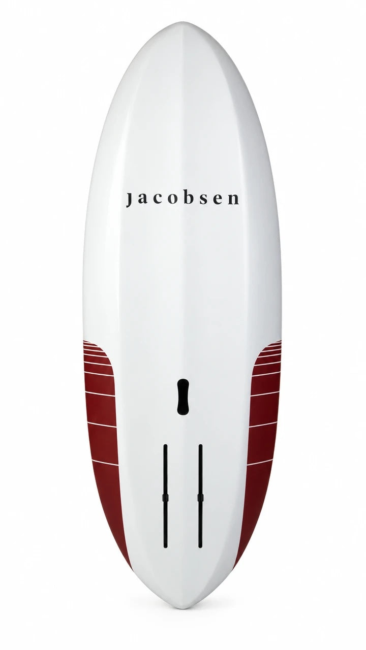 The jacobsen FLY wing board, seen from below: white with the jacobsen wordmark and lighthouse red rails