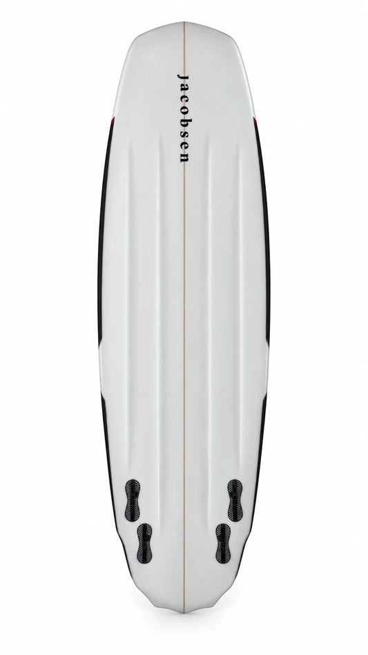 The jacobsen EXO kitesurf board, seen from below: white with the jacobsen wordmark and four fin boxes