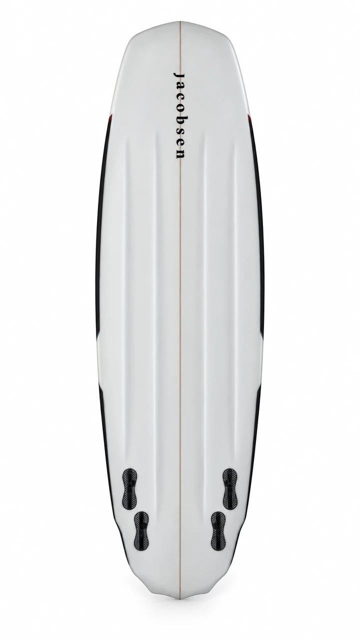 The jacobsen EXO kitesurf board, seen from below: white with the jacobsen wordmark and four fin boxes