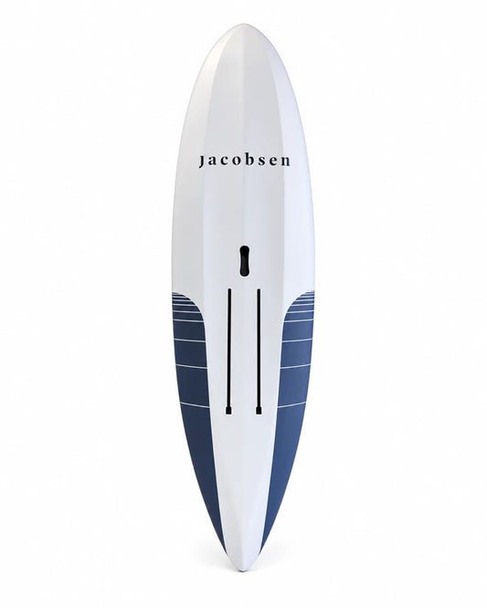 The jacobsen GLIDE mid-length wing board, seen from above: white with the jacobsen wordmark and blue rails